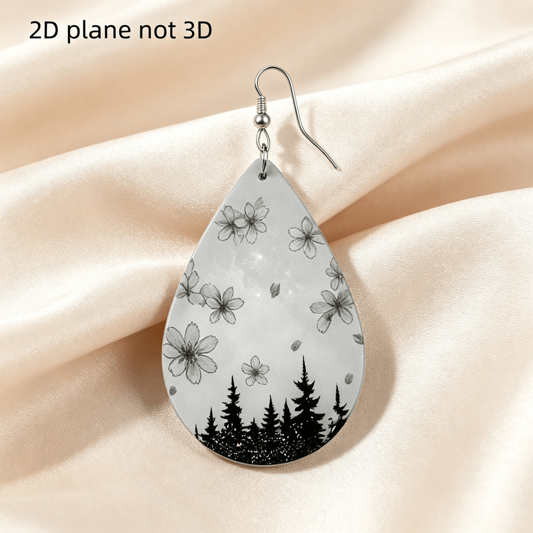 Grey Sakura Pine Forest Teardrop Dangle Earrings, Acrylic